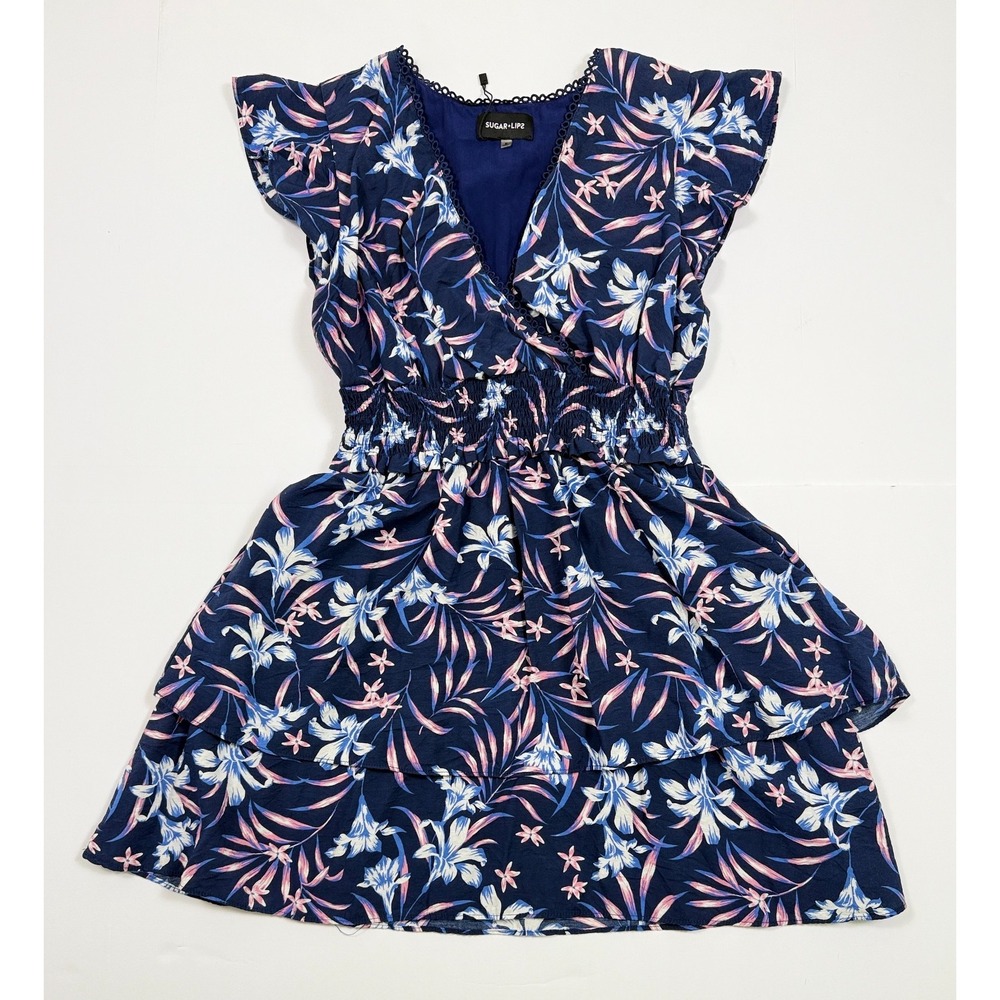 Sugar Lips Floral Ruffle Mini‎ Dress Blue Pink V-Neck Smocked Waist Tiered Hem M
